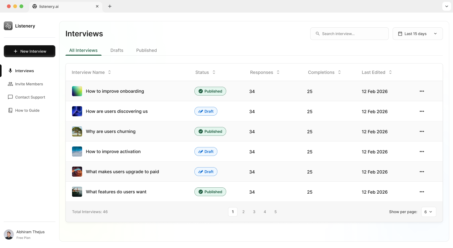 Listenery dashboard showing a list of AI-powered user interviews